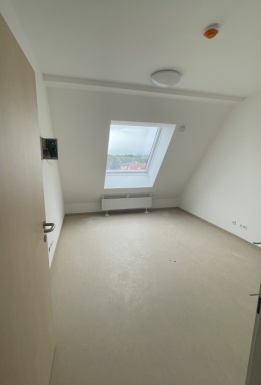 Einblick in ein weiß ausgemaltes Zimmer mit hellbrauner Türe links und einem Dachschräge Fenster auf der Stirnseite