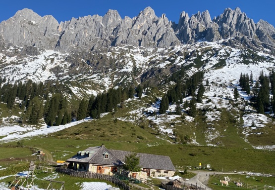 Landschaft mit Wiesen einem Haus und Bergen