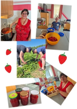 Bildcollage von Menschen die Erdbeeren pflücken und daraus Marmelade kochen